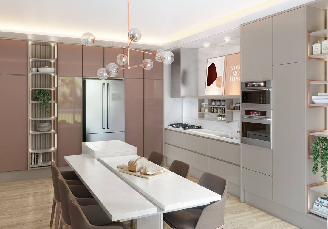 Cozinha planejada Italínea com detalhes rosé